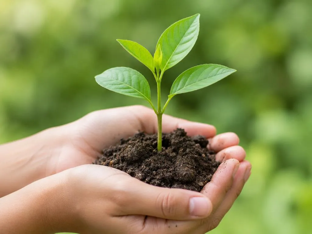 Mãos segurando uma muda de planta com terra